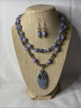 Handcrafted Angelite 3 Piece Set with Angelite/Lotus Flwr Pendant